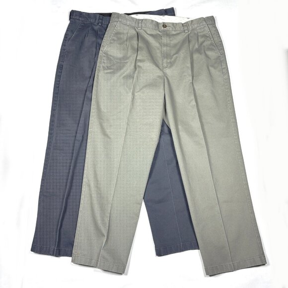 Lot of 2 LL Bean Comfort Waist Chino Pleated Pants Slacks Blue / Gray Mens 38x30 - Picture 1 of 16